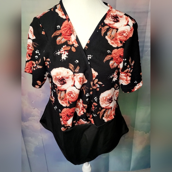 SHEIN Tops - SHEIN Black Orange Peach Floral Wrap V-Neck Short Sleeve Bodysuit 2XL